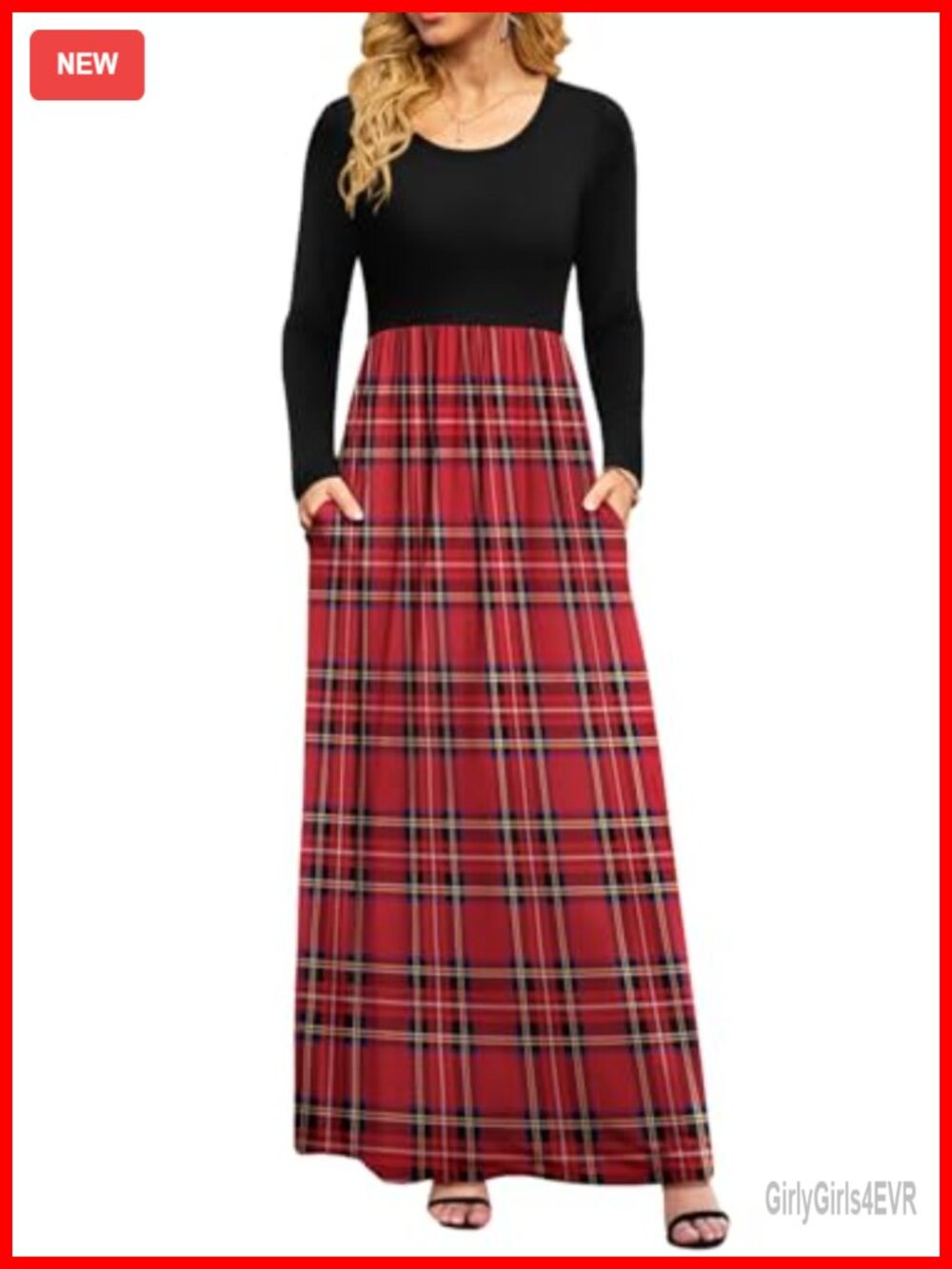 Women's Long Sleeve Maxi Dress Empire Waist with Pockets